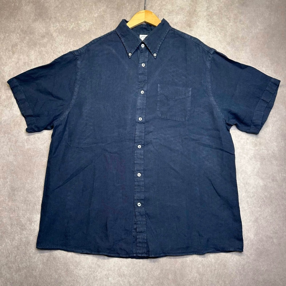 Brooks Brothers 1818 Mens XL Navy Blue 100% Linen Short Sleeve Button Down Shirt